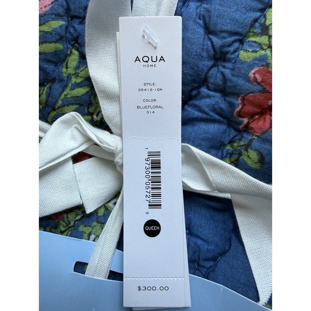 Aqua QUEEN Quilt & Shams Set Reversible Blue Toile Printed Floral Cotton Navy - Picture 11 of 11